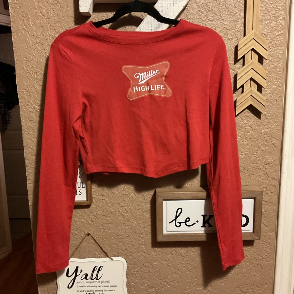 Vintage Miller High Life Red Long Sleeve Crop Top Women’s Size Large